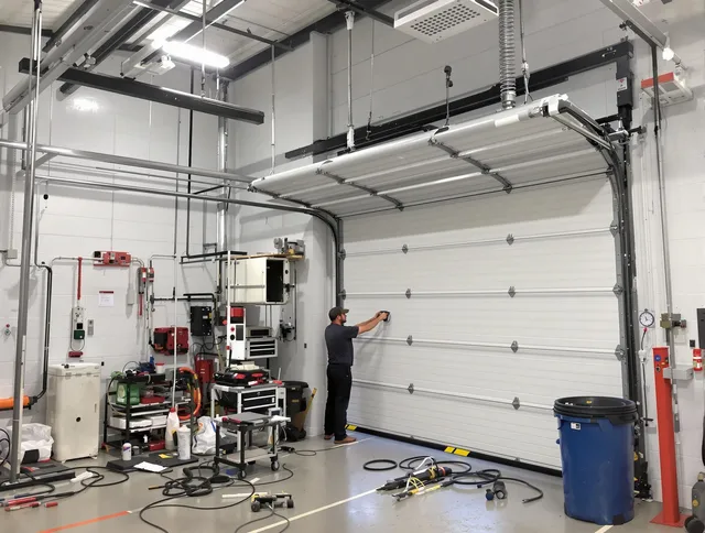 Lauderhill Garage Door Repair certified technician performing commercial door repair at a Lauderhill business facility