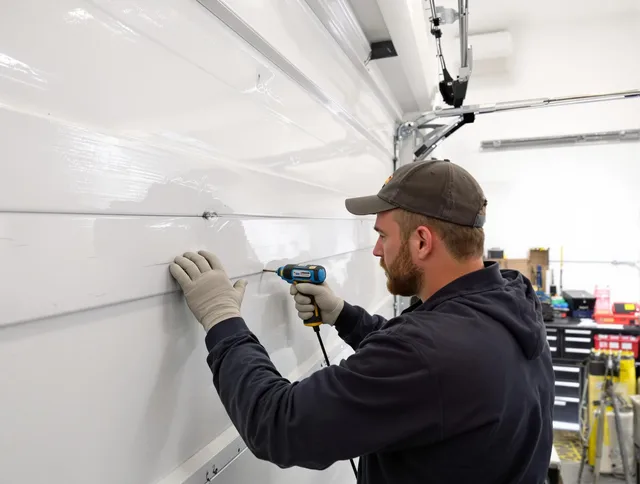 Lauderhill Garage Door Repair technician demonstrating precision dent removal techniques on a Lauderhill garage door