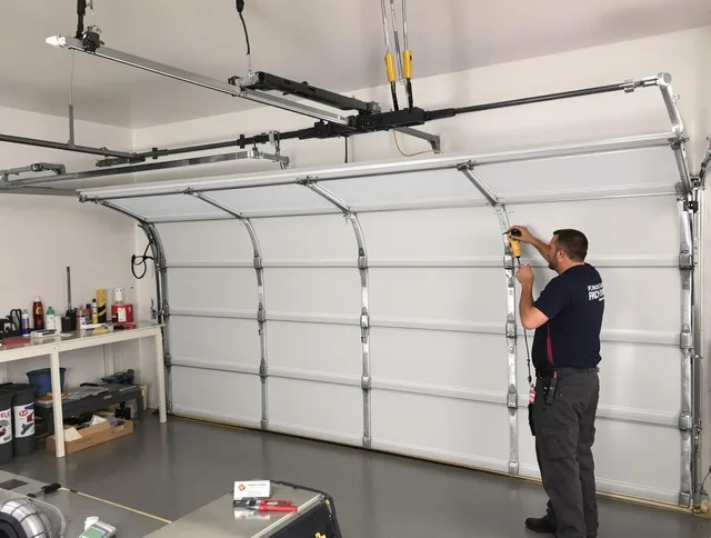 Lauderhill Garage Door Repair certified technician performing overhead door system repair in Lauderhill