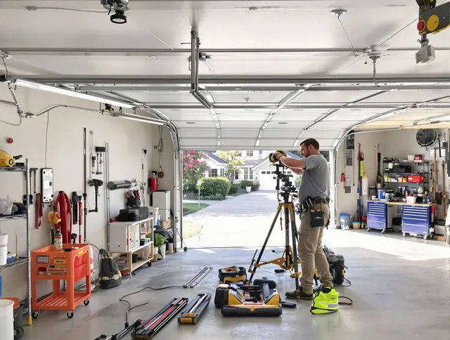 Lauderhill Garage Door Repair specialist performing laser-guided track alignment in Lauderhill